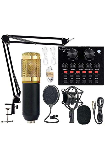 TheMohrim Condenser Microphone with V8S Live Sound Card Studio Recording Set Black/Gold