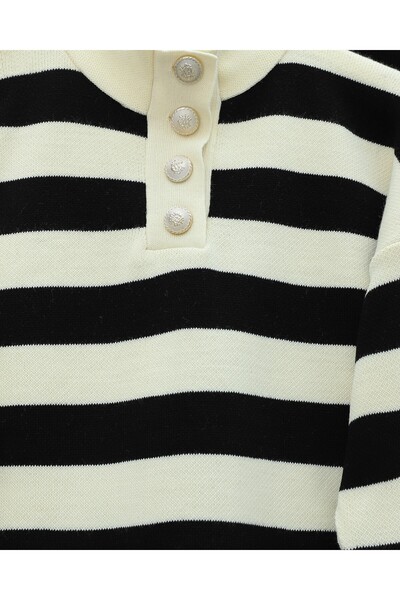 Modamorfo Half Turtleneck Buttoned Thick Striped Knitwear Set - Black