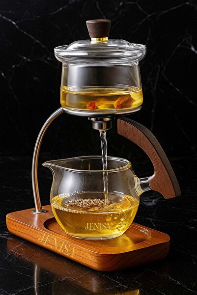 Jenisa Borosilicate Glass Magnetic Teapot Infuser Herbal Tea Infuser - Automatic Tea Straining with Wooden Stand