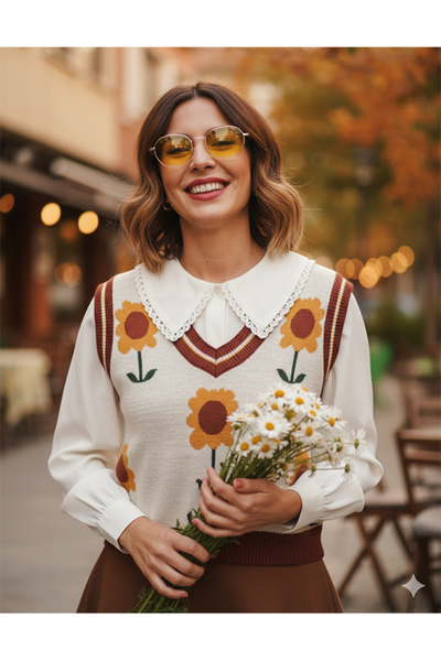 Namaste Vintage Vintage Model Sweater with Daisy Pattern and V-Neck