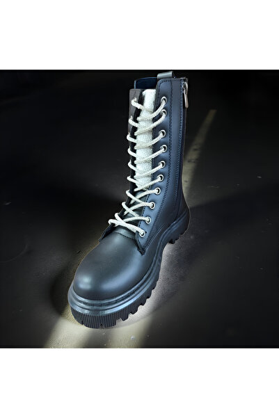 Asyagiyimavm Premium Deri Görünümlü Kalın Tabanlı Bağcıklı Siyah Kadın Bot