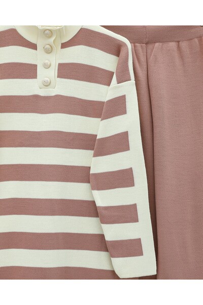 Modamorfo Half Turtleneck Buttoned Thick Striped Knitwear Set -G.Kurusu