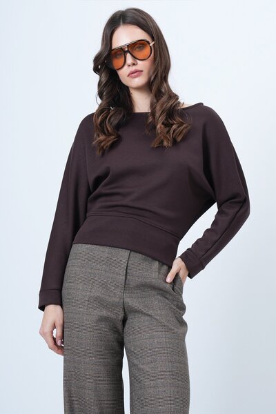 VAGGON Women's Brown Batwing Sleeve Boat Neck Oversized Blouse Vs01548