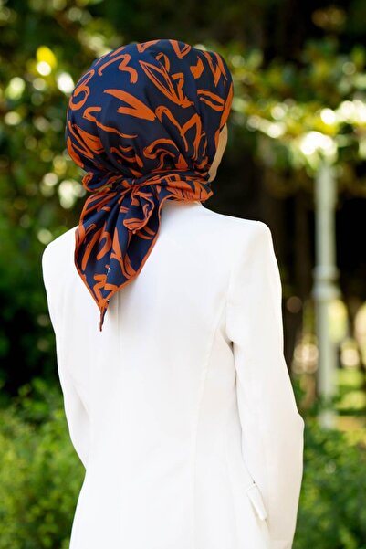 Vissona Navy Blue Orange Floral Patterned Tivil Silk Scarf-60337-13-Kvs0465