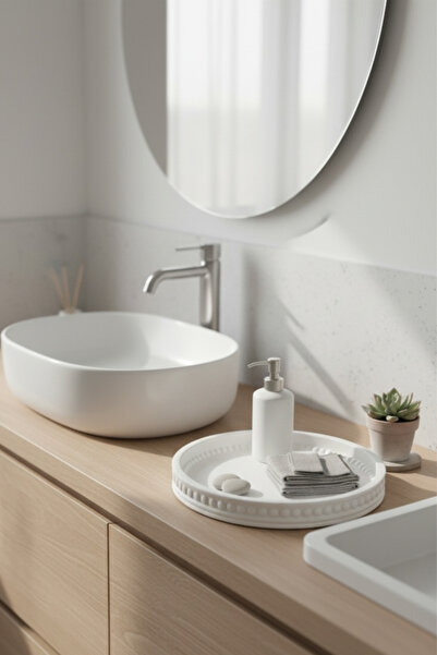 EA Home Concept Decorative Round Concrete Beaded Zen Tray & Presentation Plate |   Minimalist Bedside Jewelry Stand