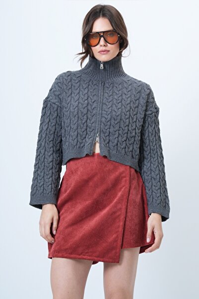 VAGGON Women's Anthracite Knitted Patterned Zippered Knitwear Cardigan Vs01519