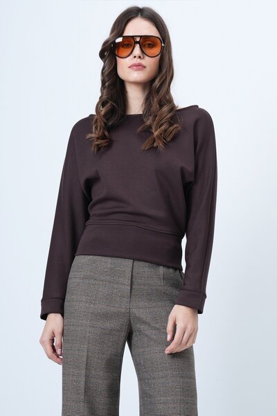 VAGGON Women's Brown Batwing Sleeve Boat Neck Oversized Blouse Vs01548