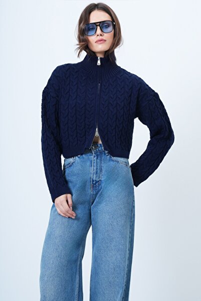 VAGGON Women's Dark Blue Knitted Patterned Zippered Sweater Cardigan Vs01519