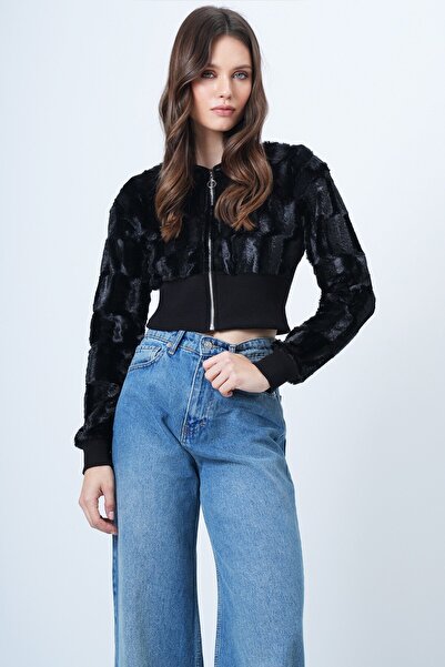 VAGGON Zippered Plush Textured Faux Fur Jacket