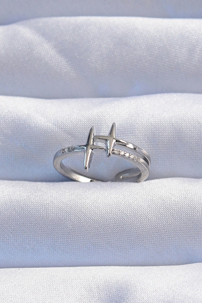 shopwave خاتم نحاسي فضي اللون مرصع بحجر الزركون مكون من قطعتين قابل للتعديل على شكل نجمة