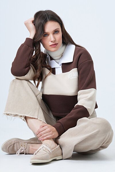VAGGON Women's Brown R Color Block Polo Neck Sweatshirt Vs01549