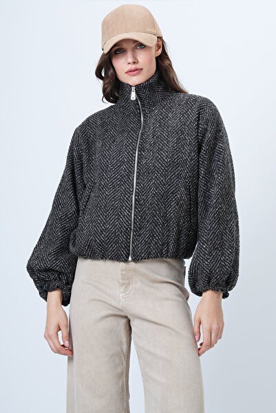 VAGGON Zipper Closure Elastic Waist Double Pocket Bomber Cashmere Coat