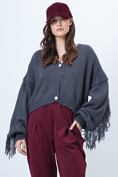 VAGGON Deep V Neck Button Closure Sleeves Tassels Knitwear Cardigan