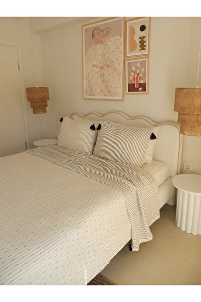 NEEDLE Tassel Lacivert %100 Pamuk 3 Kat Müslin King Size Yatak Örtüsü Seti