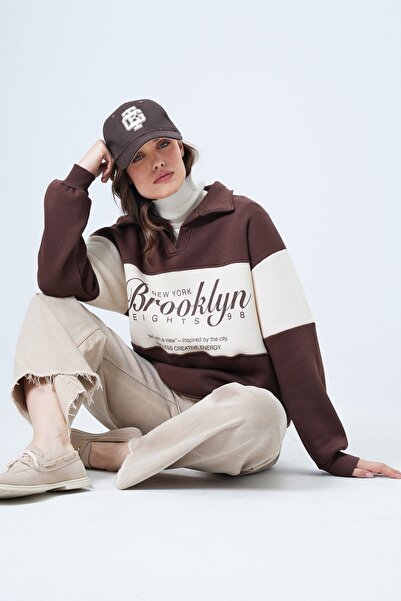 VAGGON Γυναικείο φούτερ καφέ Polo Neck με τύπωμα Vs01516