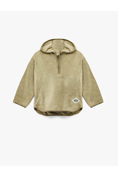 Koton Zelená mikina pro chlapečka s dlouhým rukávem a polovičním zipem s kapucí 6Wmb10035Tk