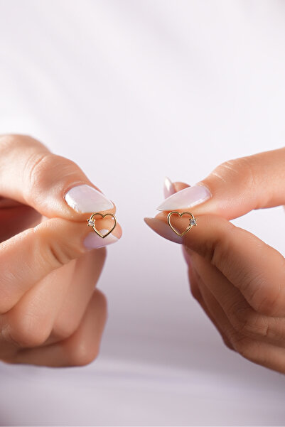 SUNSHINE 925 Ayar Gümüş Gold Kaplama İçi Boş Pırlanta Taşlı Kalp Küpe