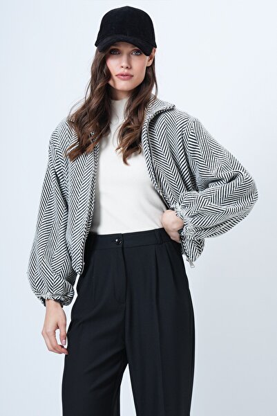 VAGGON Zipper Closure Elastic Waist Double Pocket Bomber Cashmere Coat