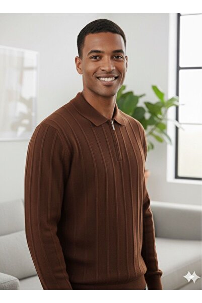 MİWAN COLLECTİON Zippered Polo Collar Slim Fit Men's Slim Knitwear Sweater Brown