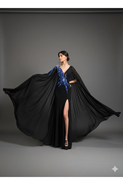 ROJBEY KADIN TAŞ İŞLEME DETAYLI PELERİN KOLLU UZUN ELBİSE