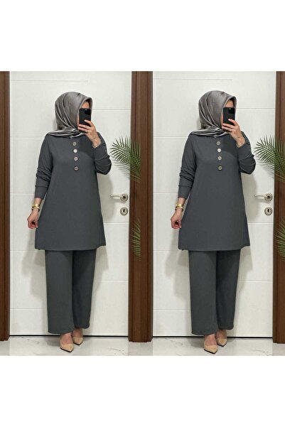 modasura 7044 K 90 antrasit DÜĞMELİ fitilli burgu kumaş tunik pantolon takım ...