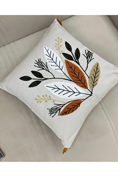 ON-ARS TEKSTİL Natural Leaf Pattern Linen Punch Throw Pillow Cover – Modern Bohemian Style with 4 Corner Tassels (43X43 cm)