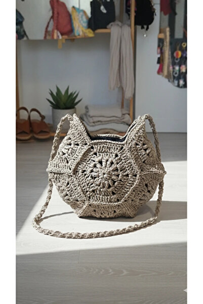 GÇA Moda Handmade Paper String Hexagon Motif Hand and Shoulder Bag