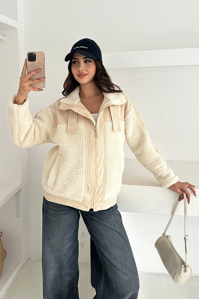 Noa Noa Women's Color Block Zippered Sherpa Coat – Cozy Contrast