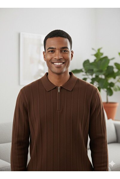 MİWAN COLLECTİON Zippered Polo Collar Slim Fit Men's Slim Knitwear Sweater Brown