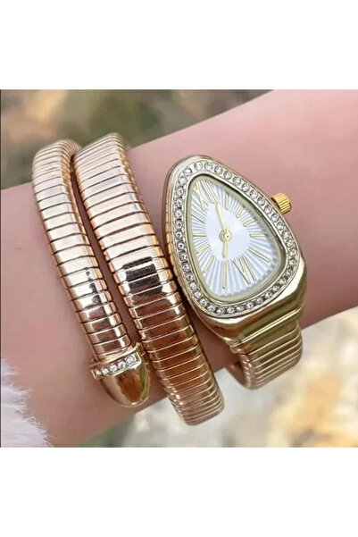 captiva Altın Renk Beyaz Kadran Yılan Saat Dolamalı Saat