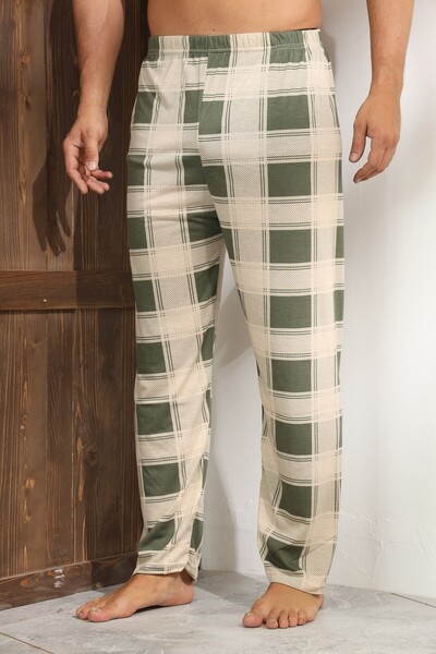 TOSKI Pantaloni de pijama bărbați – bej cu model pătrățele verzi, confort sporit