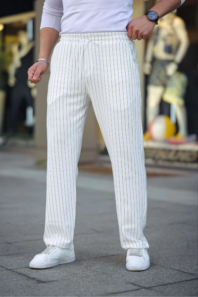 velmorafashion Velmora Striped Woven Crepe Jogger Buggy Pantalon Comfortable Fit - White