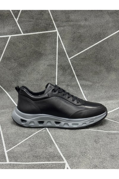 NYZ Black Genuine Leather Orthopedic Lace-Up Sneakers