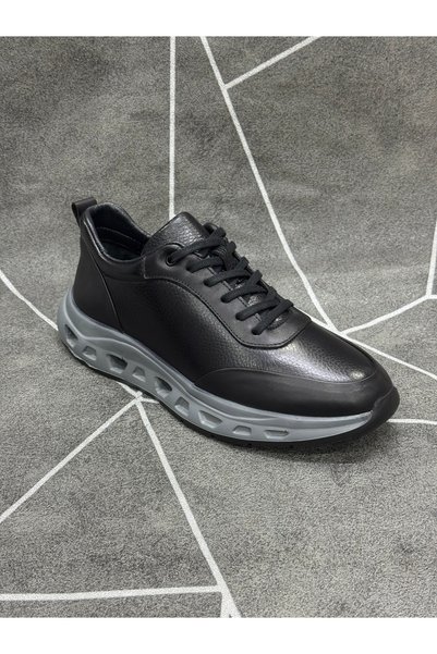 NYZ Black Genuine Leather Orthopedic Lace-Up Sneakers