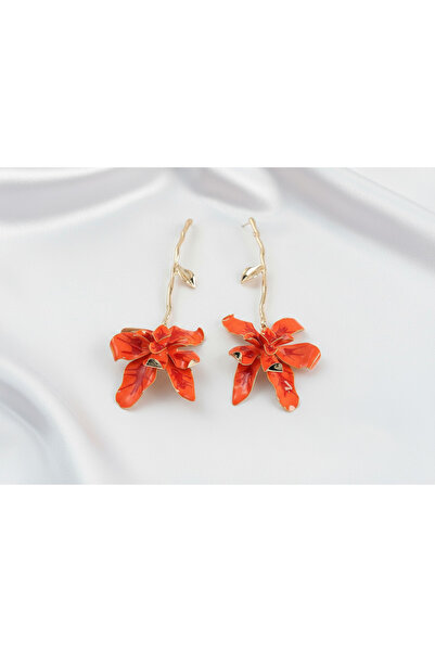 Dorvina Dangling Women's Earrings Red Flower Model Gold Color Brass