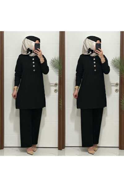 modasura 7044 K 90 SİYAH DÜĞMELİ fitilli burgu kumaş tunik pantolon takım buy...