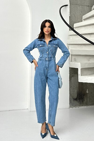 AKD Atelier Women's Denim Jumpsuit Button down Long Sleeve Pantsuit with Pockets Shirt Collar Jeans Overalls