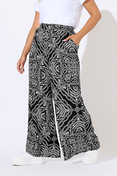 Stil Diva Plus Size Elastic Waist Wide Leg Printed Pants with Pockets 310292