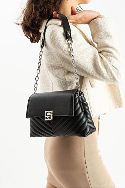 H&D COLLECTİON Stylishly Designed Mink Women's Medium Size Crossbody Bag, Chain Strap, Embroidery and Flap Detail Shoulder Bag