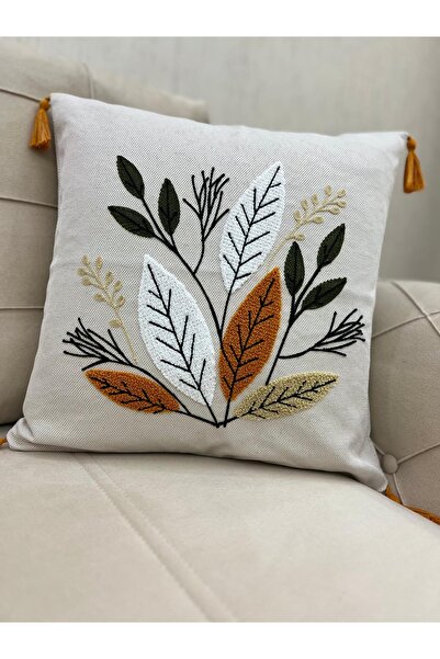 ON-ARS TEKSTİL Natural Leaf Pattern Linen Punch Throw Pillow Cover – Modern Bohemian Style with 4 Corner Tassels (43X43 cm)