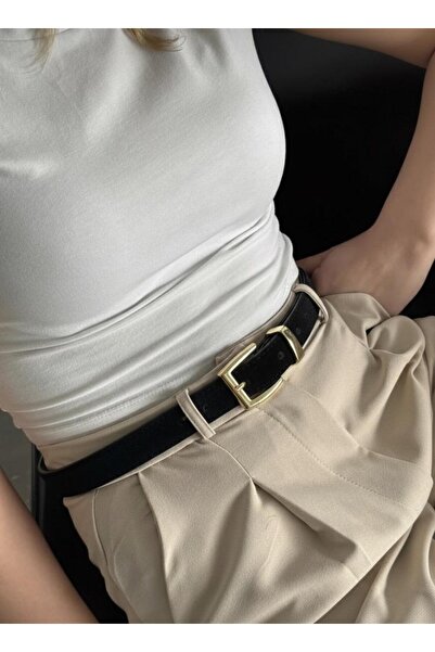 MODAM HİFA Gold Buckle Suede Belt Women's Belt Trouser Belt Dress Belt Waist Belt