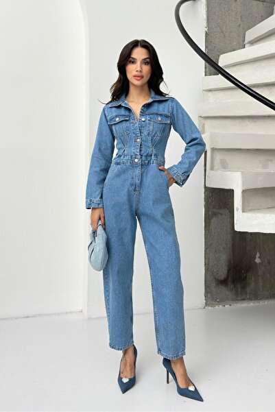 AKD Atelier Women's Denim Jumpsuit Button down Long Sleeve Pantsuit with Pockets Shirt Collar Jeans Overalls