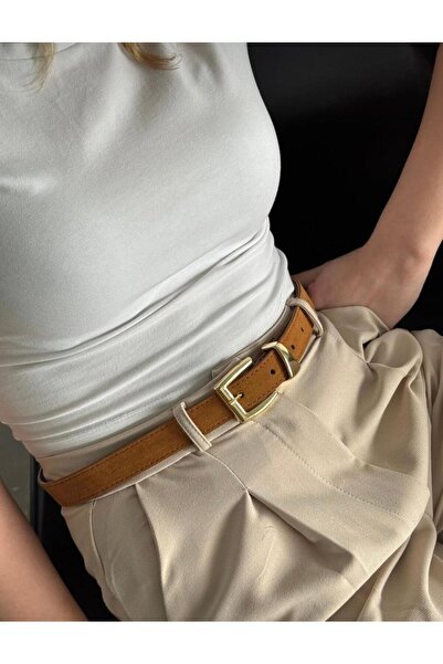 MODAM HİFA Gold Buckle Suede Belt Women's Belt Trouser Belt Dress Belt Waist Belt
