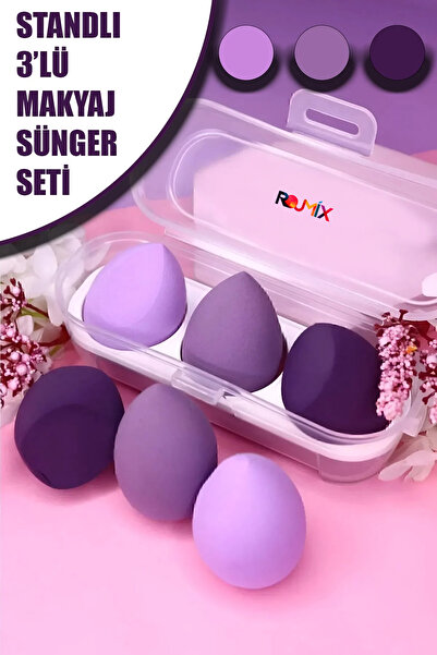 Rojmix 3'lü Standlı Makyaj Süngeri Seti Mor Fix premium Özel