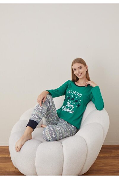 TOSKI Women's Christmas Pajamas Long Sleeve Long Pants, Green, Ho Ho Ho