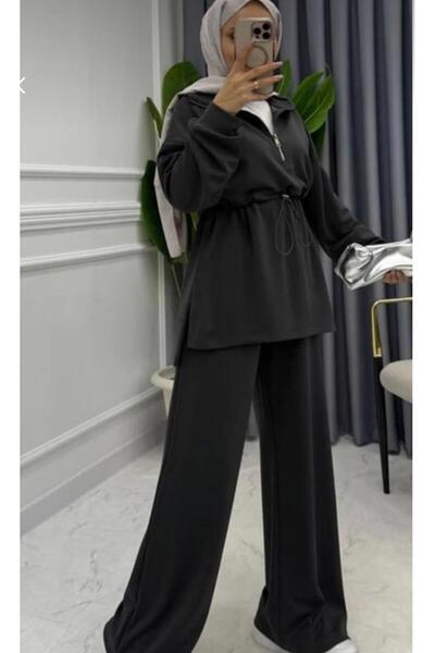 New Lune Women's Islamic Clothing Set, Zippered Waist-Tie Tunic, Wide-Leg Pants, Double-Thread Knitted.