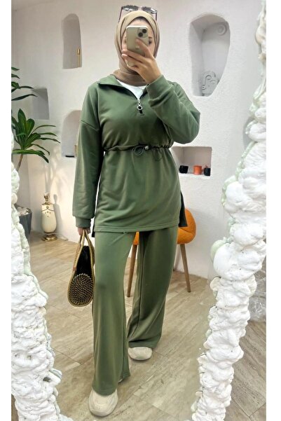 New Lune Women's Islamic Clothing Set, Zippered Waist-Tie Tunic, Wide-Leg Pants, Double-Thread Knitted.