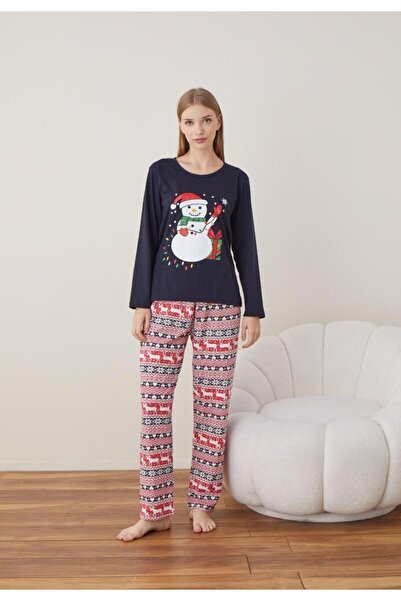 TOSKI Women's Christmas Pajamas Long Sleeve Long Pants, Navy Blue, Snowman