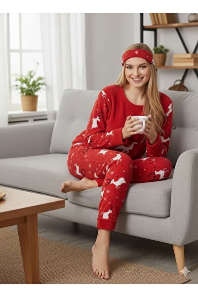 alpotekno Women's Red Eye Patch Fleece Pajama Set - New Year's Themed