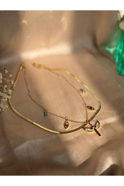 ASALEA Blue Evil Eye and Angel Wing Double Necklace – Gold Color Stainless Steel